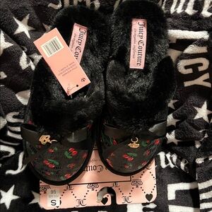 Juicy Couture Cherries Black Bow Crown Slippers Size S Women